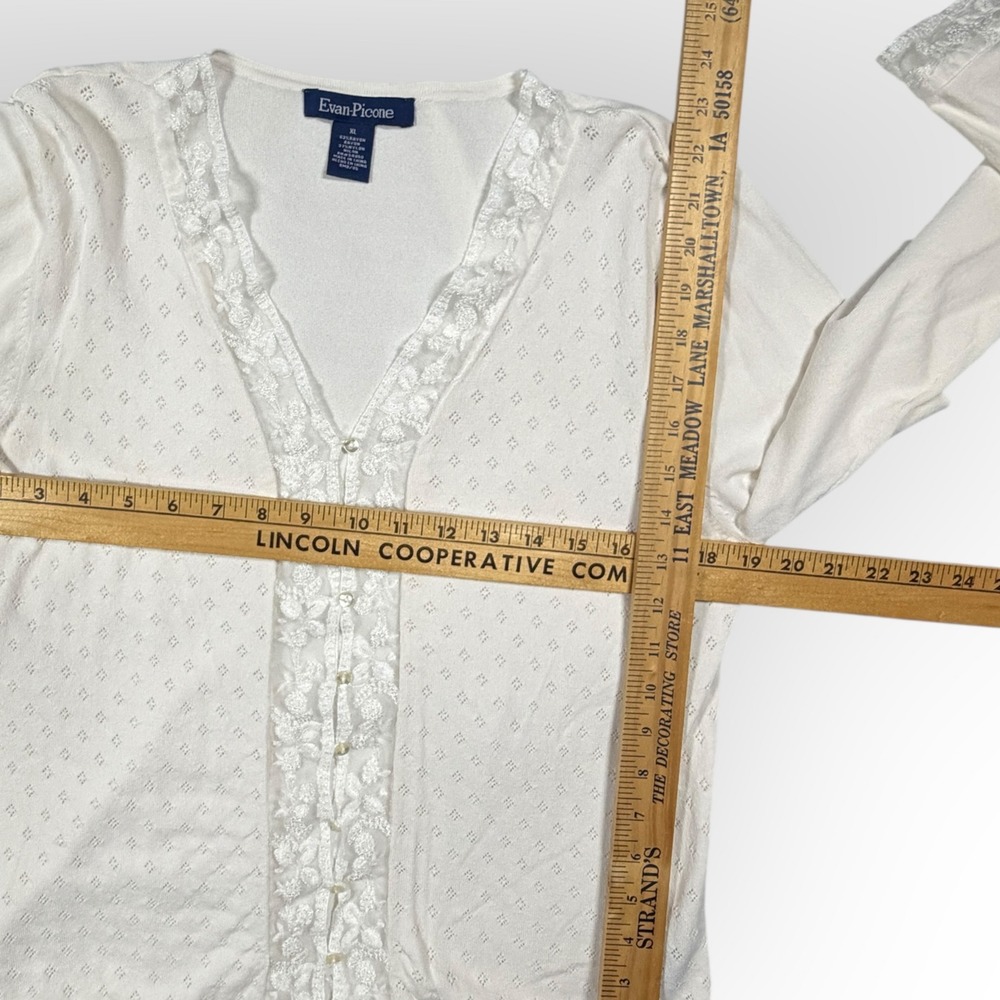 Evan-Picone Women White Pointelle Knit Lace Button Front Cardigan Cottagecore XL - Picture 5 of 10